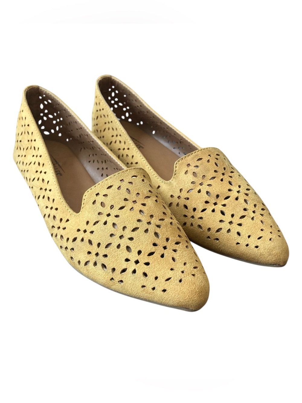 Seychelles Mustard Gold Laser-Cut Perforated Pointed Toe Slip-On Flat Loafers
